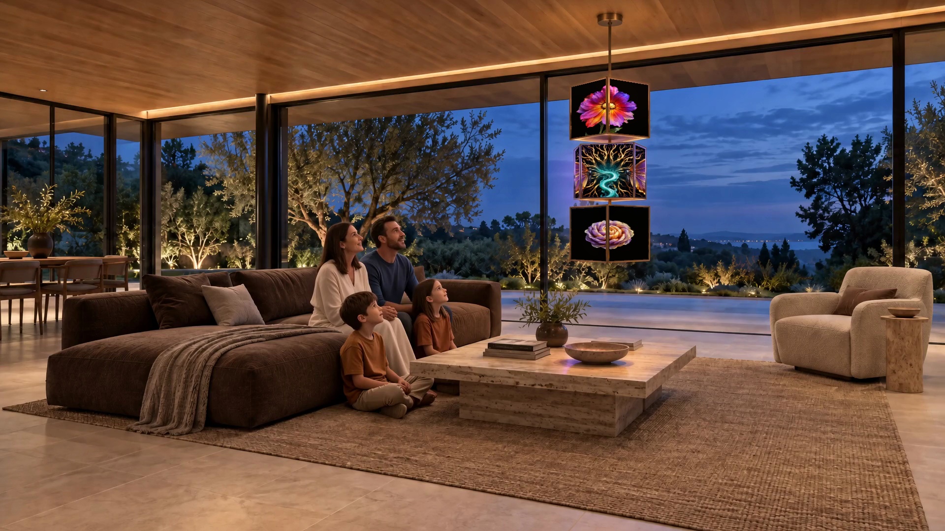 A family shares a story beneath three illuminated cubes on a central stem in a warm, open living room.