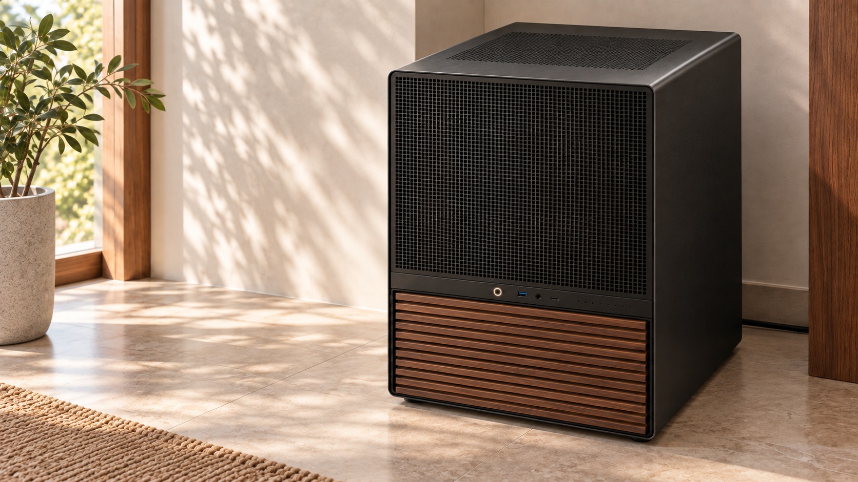 The Imagination Engine concept: a large black mesh supercomputer with a warm walnut grille in a modern home.