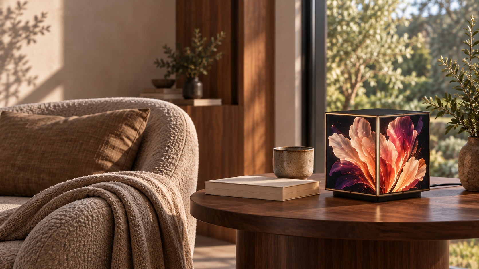 A single bronze-edged cube Lamp glowing with flowerlike art on a side table beside a reading chair.